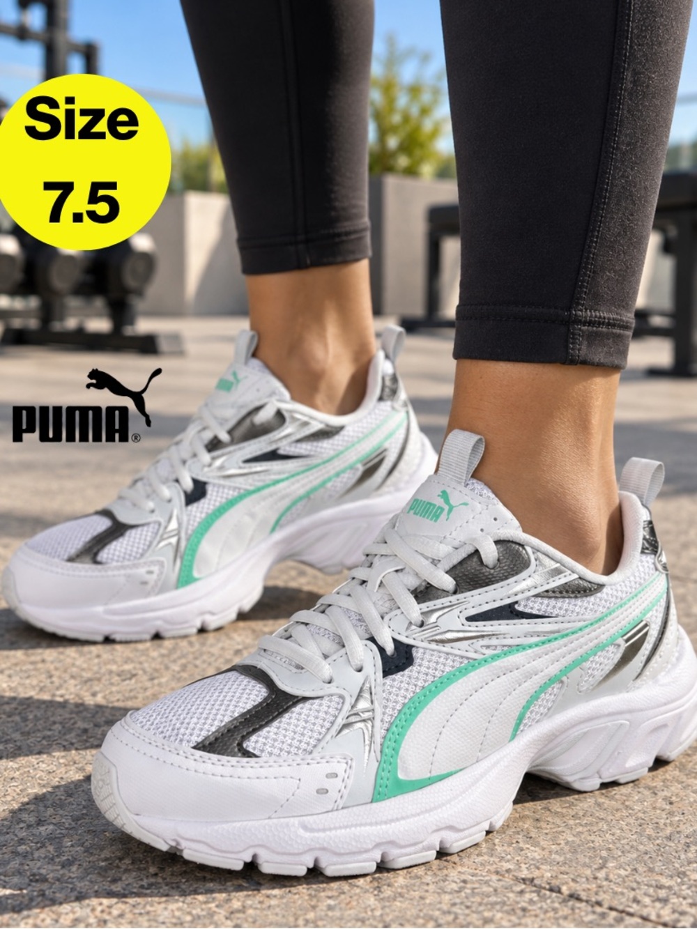 PUMA 💚 Women's White, Mint Cushioned Running Sneakers (Size 7.5)